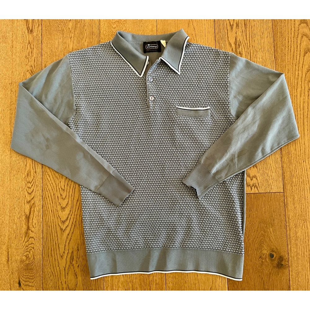 Vtg 70s Virany Hungary Knit Polo Shirt Men's L Grey Blue Textured Link Knit Mod